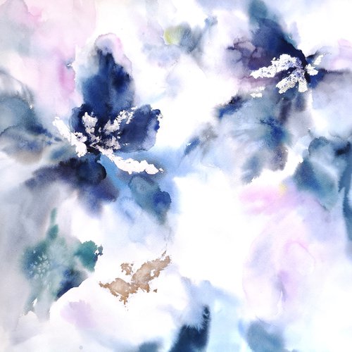 Navy blue abstract flowers, watercolor floral painting by Olga Grigo