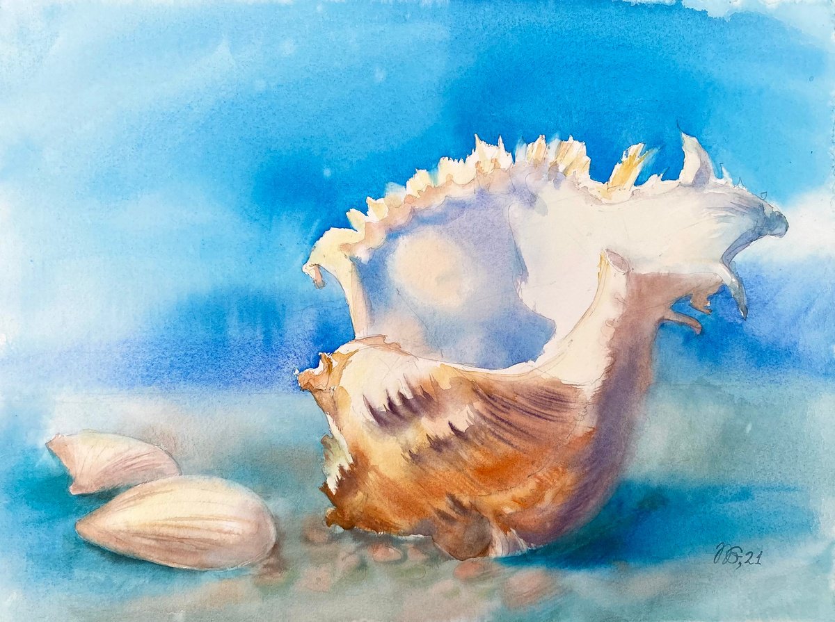 Photorealistic Landscape Watercolour By Natalia Galnbek, 16 X 12", Pearl Shiny Seashells, Original Artwork
