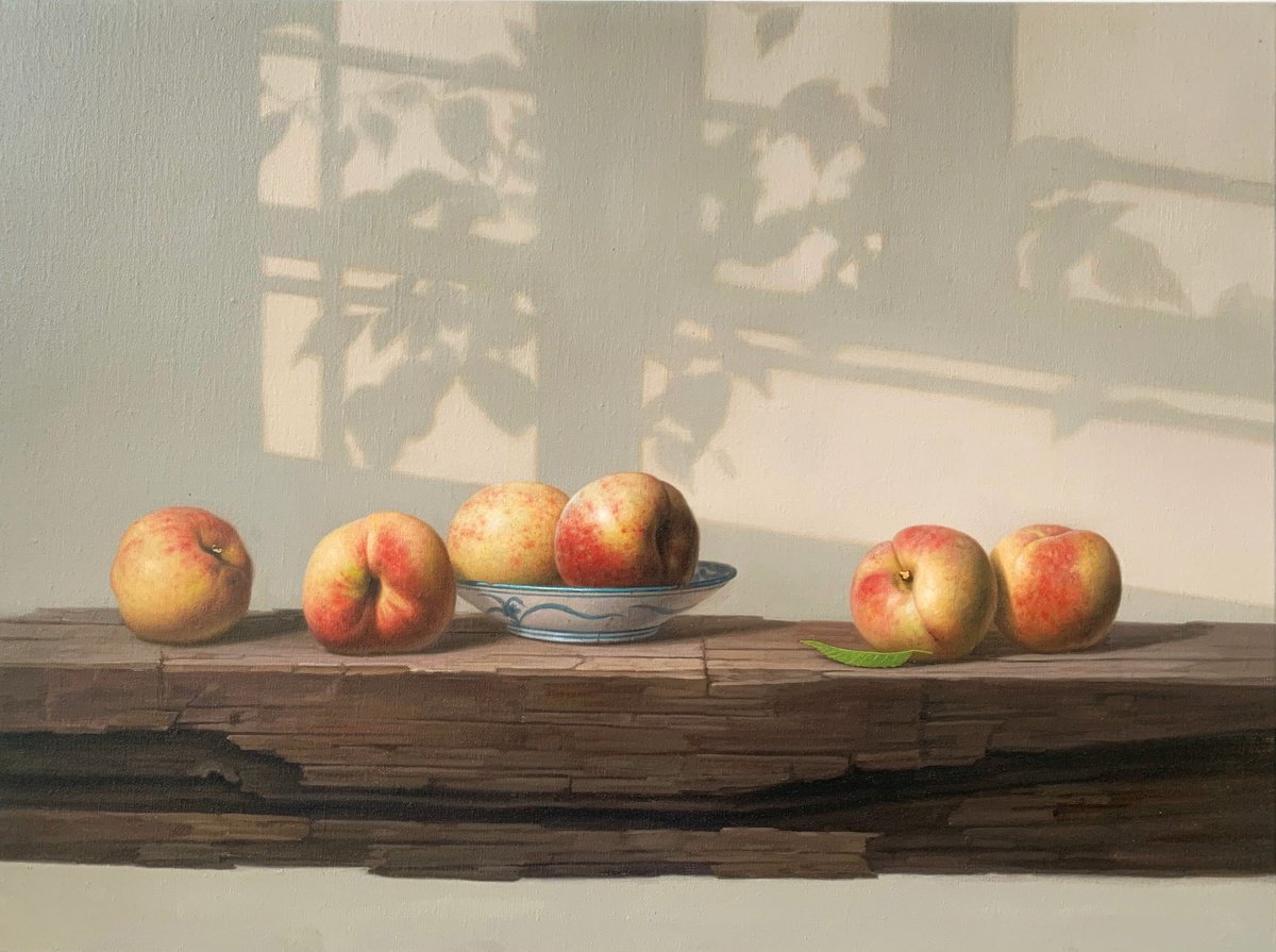 Photorealistic Still Life Oil Painting By Kunlong Wang, 31 X 24", Still Life:peaches On The Table C178, Original Artwork
