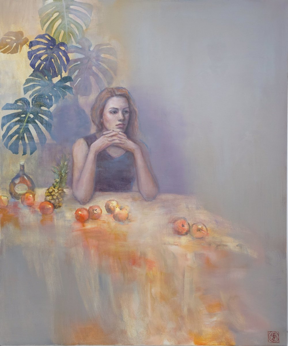 Expressive Portrait Oil Painting By Katia Bellini, 39 X 47", Thoughtful Portrait With Still Life, Original Artwork