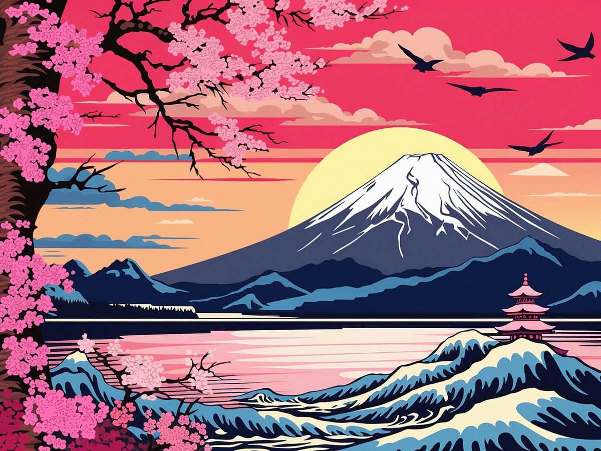 Illustrative Landscape Acrylic Painting By Kosta Morr, 31 X 24", Fujisan, Original Artwork