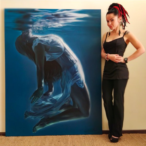 I'm breathing ,underwater large artwork , underwater painting,underwater art,underwater swimming