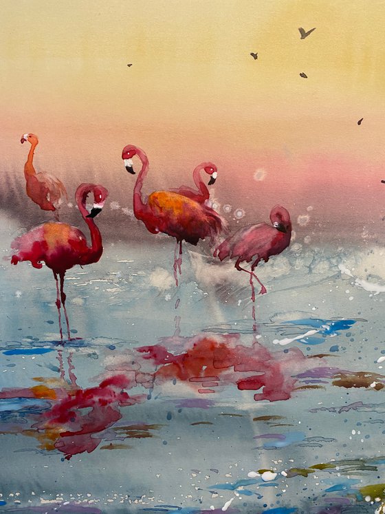 SOLD Watercolor “Flamingos Heaven” perfect gift