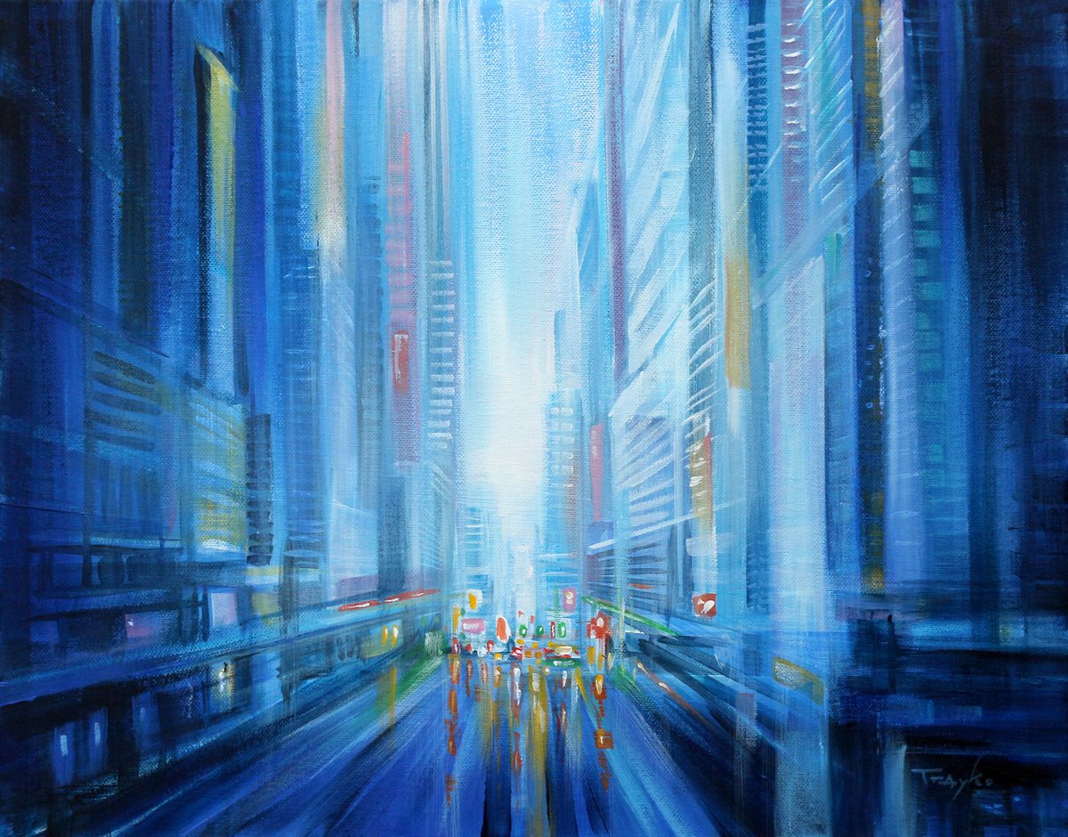 Impressionistic Cityscapes Acrylic Painting By Trayko Popov, 20 X 16", City Morning | Sunrise | New York, Original Artwork