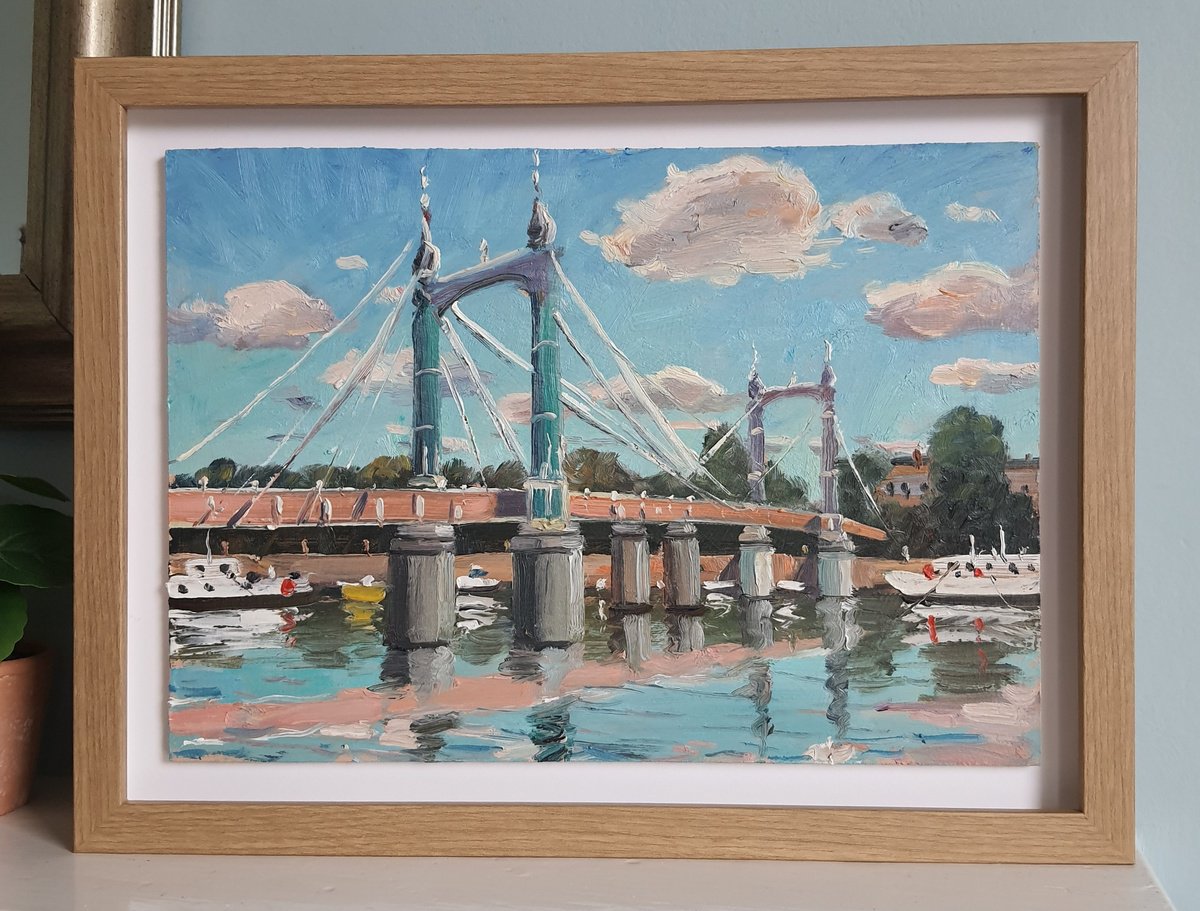 Impressionistic Landscape Oil Painting By Roberto Ponte, 16 X 12", Albert Bridge London, Original Artwork