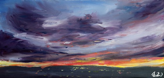 Winter sunset in Salamanca. Original oil painting. Dark sky medium size one of the kind interior decor spain pink