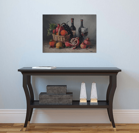 Still life fruits and wine (50x70cm, oil painting,  ready to hang)