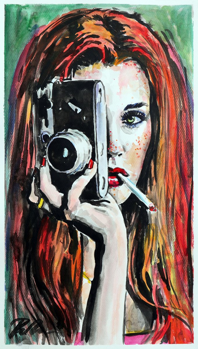 Urban And Pop Portrait Ink Drawing By Tashe, 12 X 21", Red Fury, Original Artwork