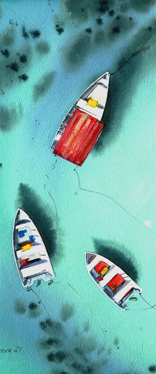 Boats near the reef original watercolor ocean  painting, beach wall art , nautical decor over the bed, by Irina Povaliaeva