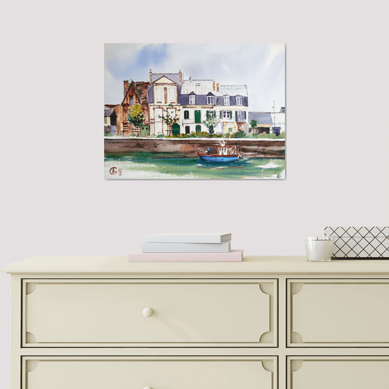 Low water in Deauville. Original watercolor small size impressionism travel france normandy sea seaside landscape interior decor