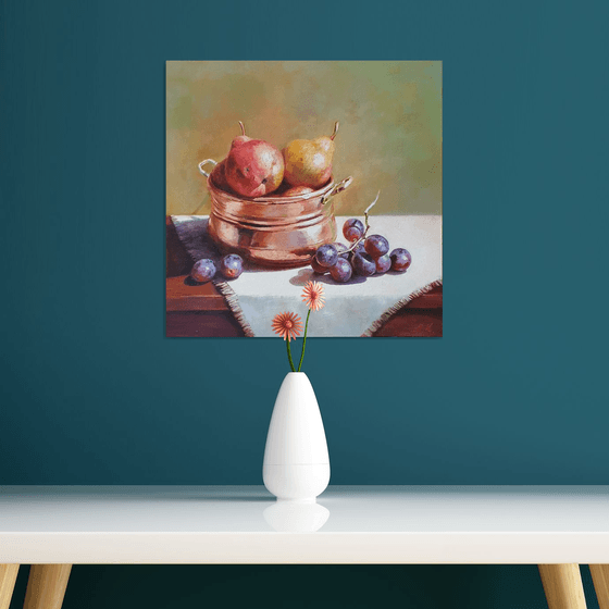 "Still life with grapes and pears in a small old French saucepan." still life grapes pears summer  liGHt original painting  GIFT (2020)