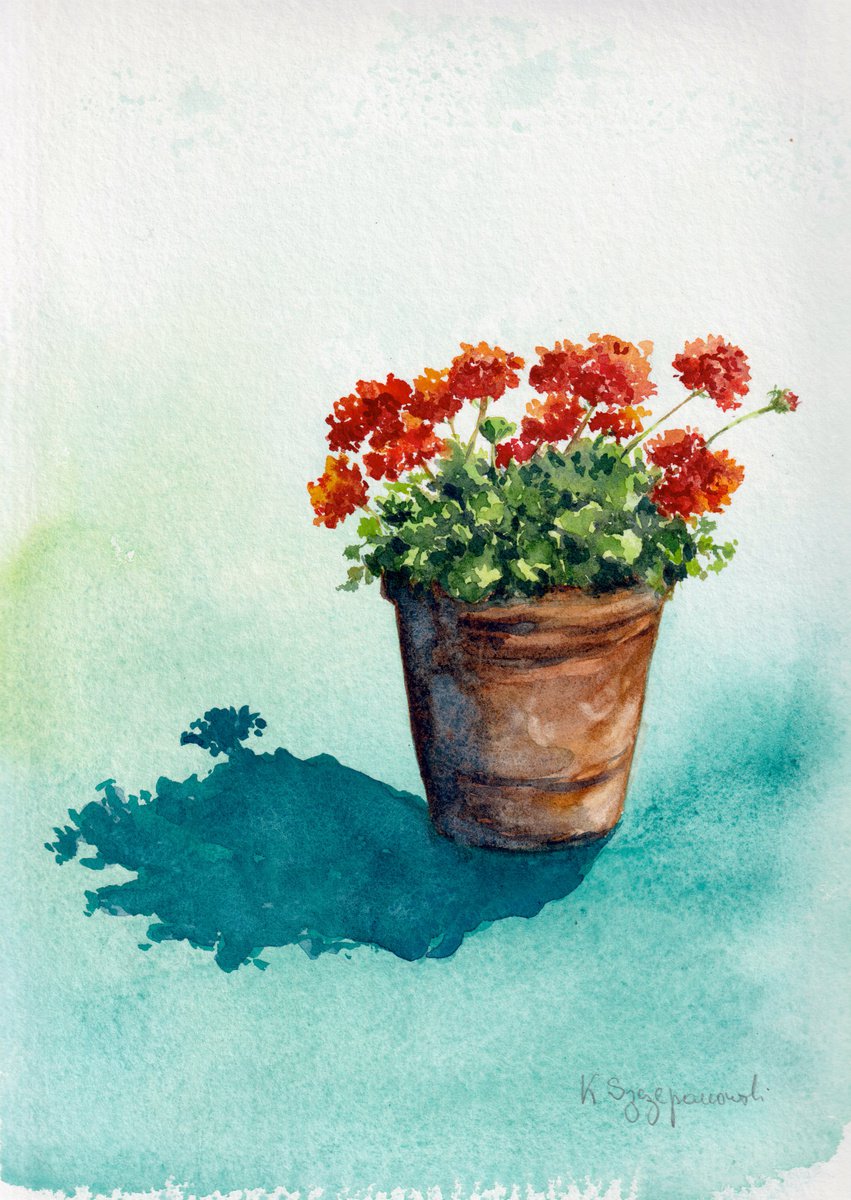 Impressionistic Botanical Watercolour By Krystyna Szczepanowski, 9 X 11", A Pot Of Geraniums, Original Artwork