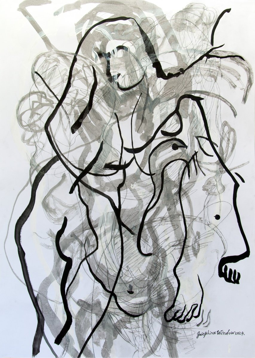 Organic Abstract Ink Drawing By Josephine Window, 23 X 33", Ink Brush Drawing 13, Original Artwork
