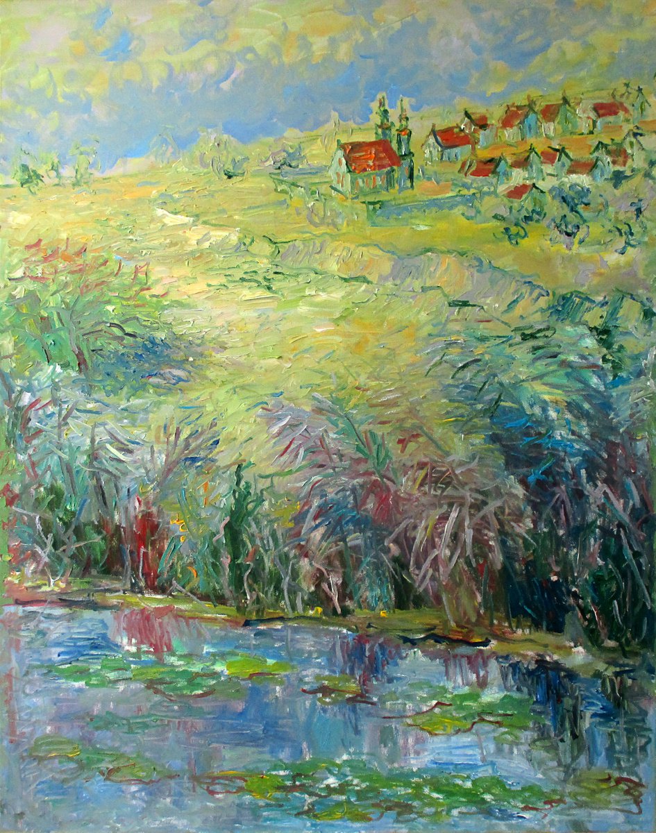 Impressionistic Landscape Oil Painting By Liudvikas Daugirdas, 28 X 35", A Small Town On The Hill, Original Artwork
