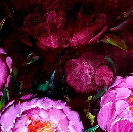 ROMANTIC TWILIGHT - Set. Oil diptych of Pink peonies on a dark background. Two paintings with peonies. Double panel with peonies on the wall.