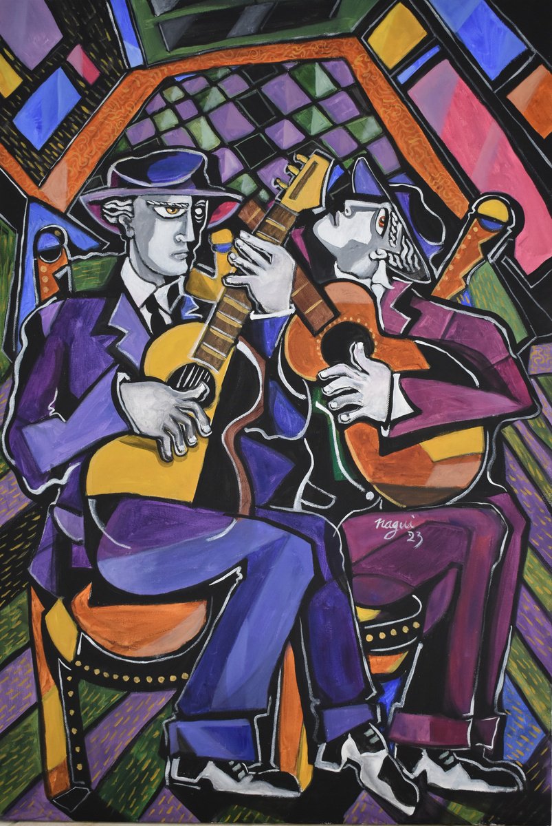 Expressive Portrait Acrylic Painting By Nagui, 24 X 36", Two Flamenco Guitars, Original Artwork