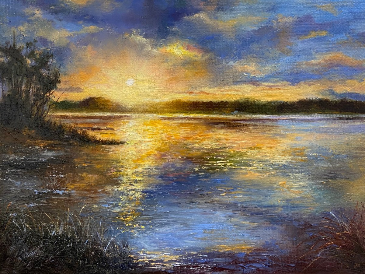 Photorealistic Landscape Oil Painting By Farzaneh Maddahi, 16 X 12, Sunset Vibe, Original Artwork