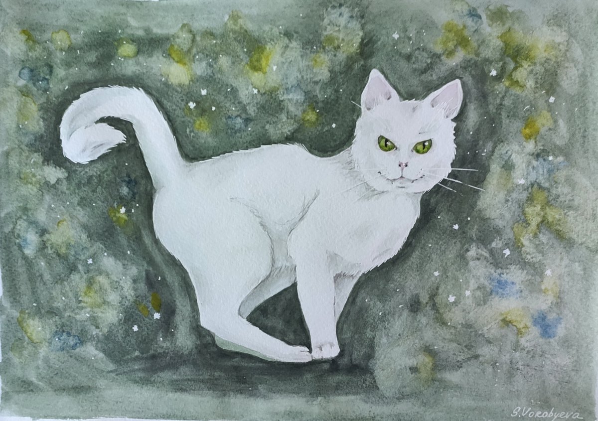 White cat. Watercolor painting on paper. Original artwork by Svetlana Vorobyeva by Svetlana Vorobyeva