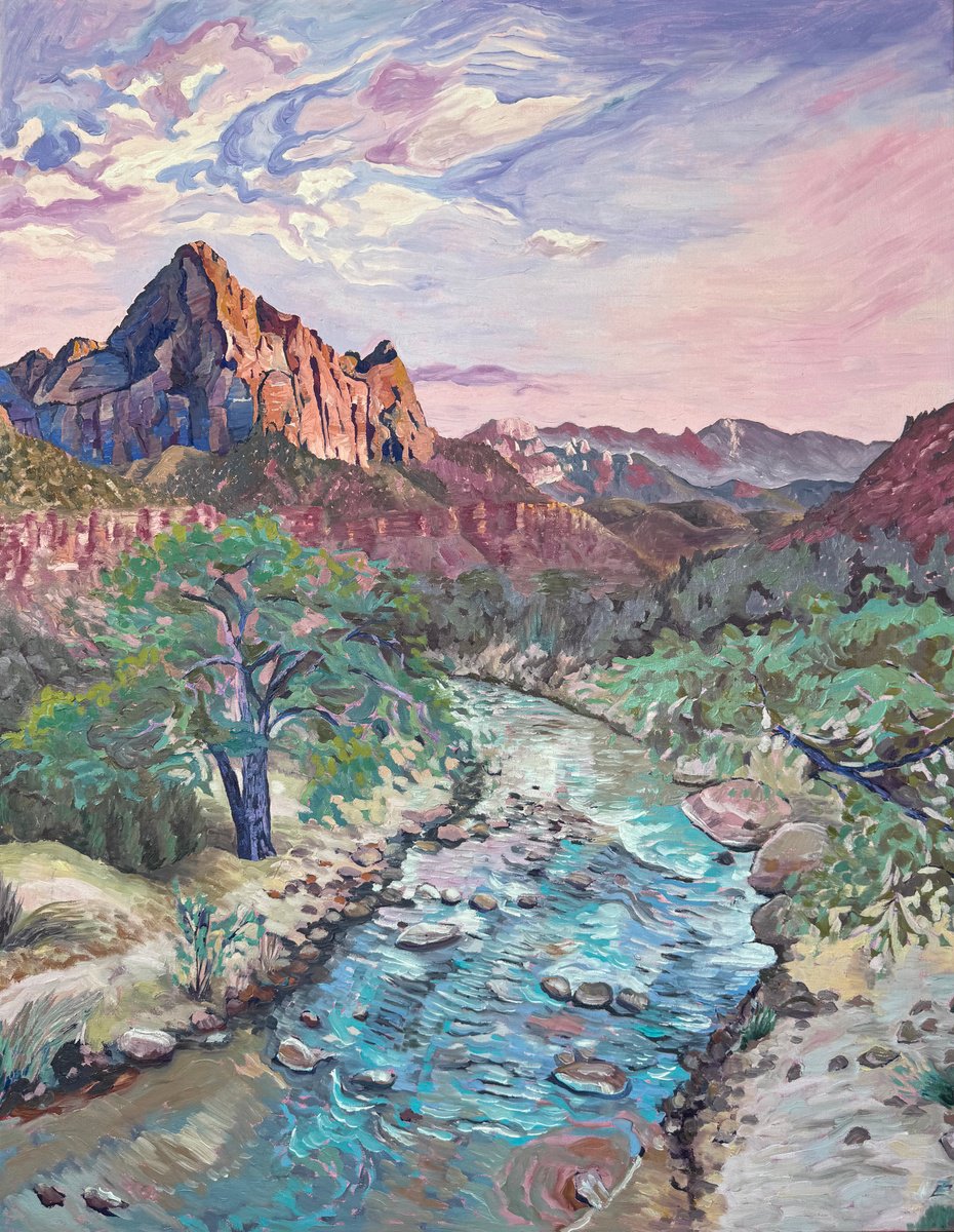 Impressionistic Landscape Oil Painting By Zulfiya Mukhamadeyeva, 28 X 35", Dawning Hills, Original Artwork