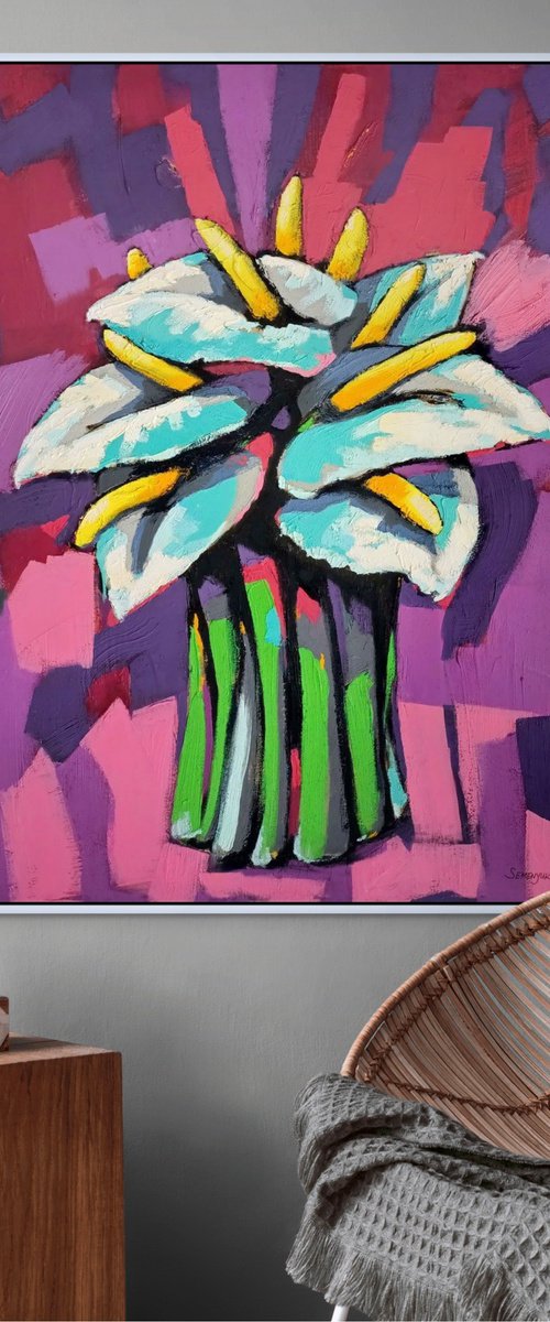 Exotic Flowers on Violet Background by Evgen Semenyuk