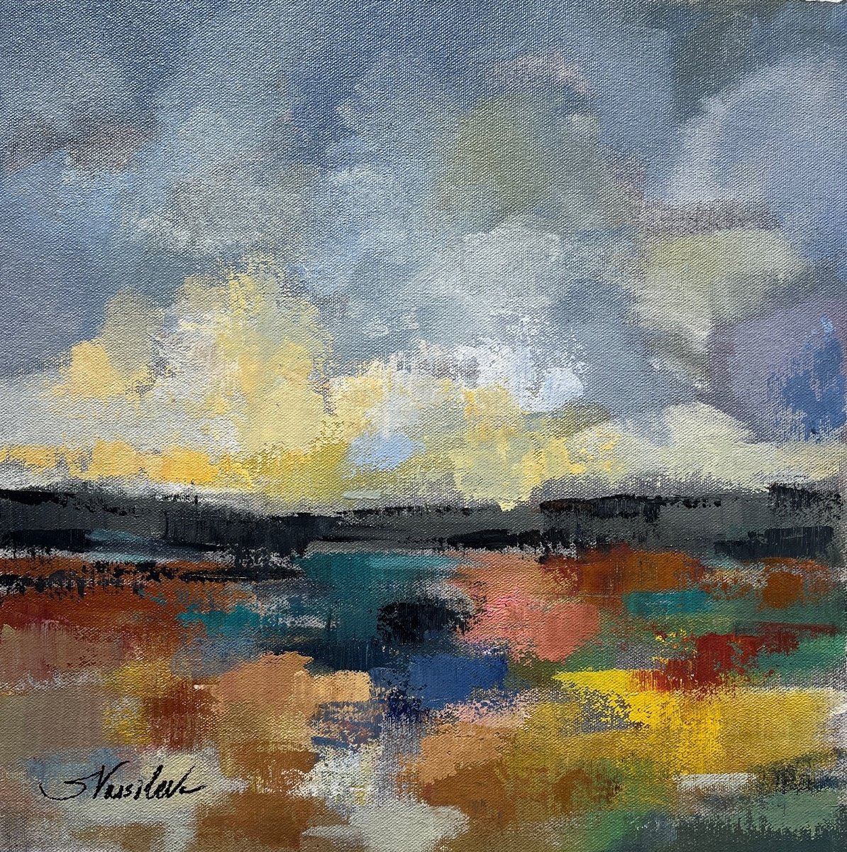 Expressive Landscape Acrylic Painting By Silvia Vassileva, 15 X 15", Del Mar Lagoon I, Original Artwork