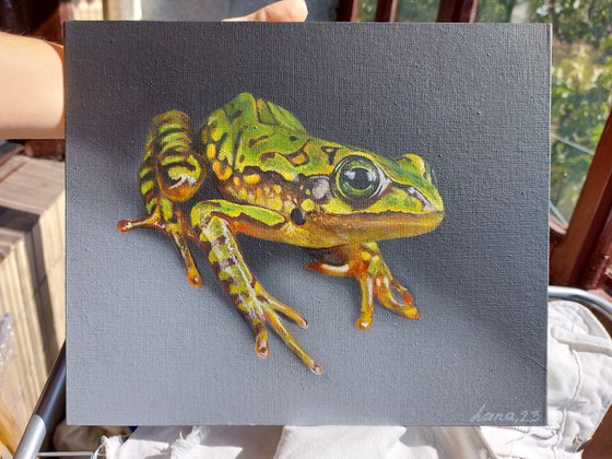 Frog painting,  green frog,  realistic art,  frog art, hyperrealism painting