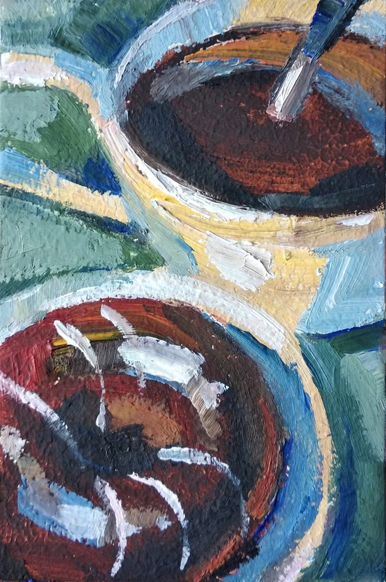Coffee and Donut. Oil Painting.