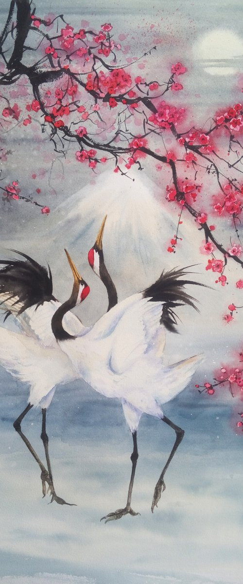 Japanese Red Crowned Cranes Da by Olga Beliaeva Watercolour