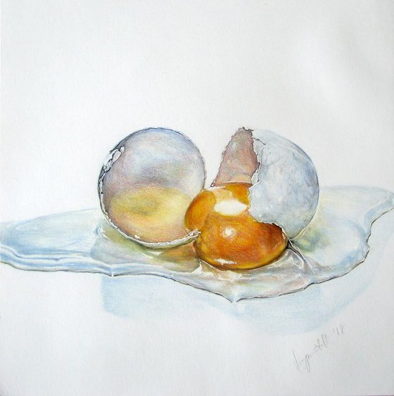 Drawing of egg in coloured pencils on paper.