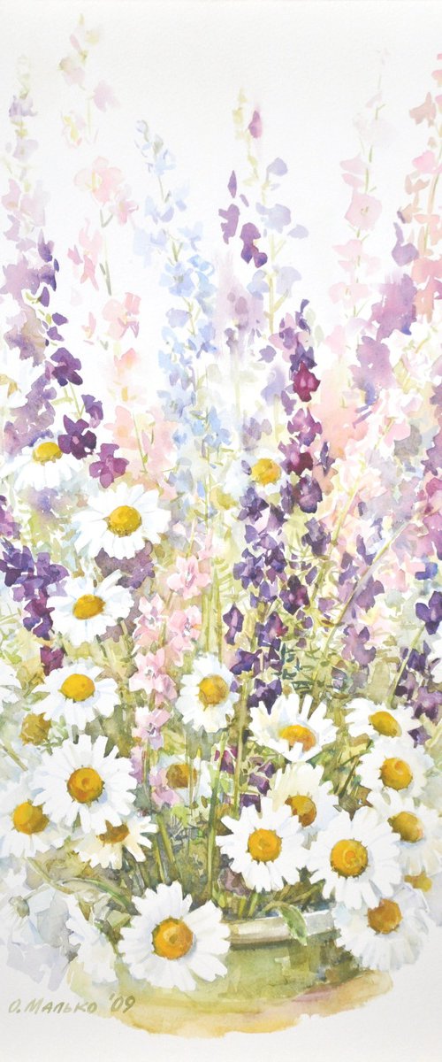 Happy birthday! (Daisies with colorful delphiniums) / ORIGINAL watercolor 15x22 (38x56cm) by Olha Malko