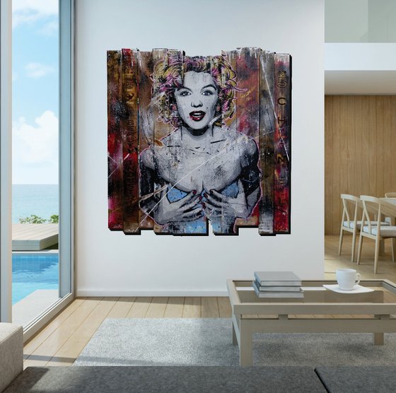 Marilyn... Beautiful Disaster 113cm x 113cm Marilyn Monroe Recycled Wood Urban Pop Art