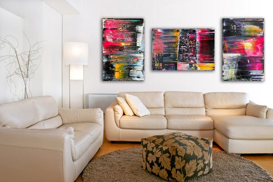 "Ensemble" - Save As A Series - Original PMS Abstract Acrylic Painting Triptych On Canvas - 84" x 36"