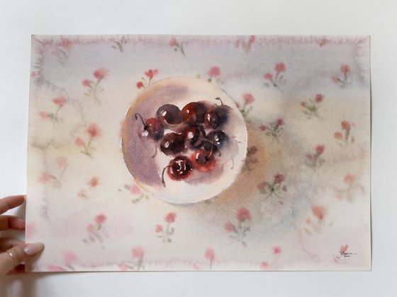 Still life with cherries Original watercolor painting