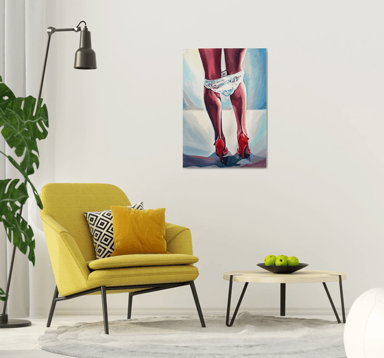 RED HEELS - erotic art original oil painting woman legs underneath red heels pop art office art decor home decor gift idea