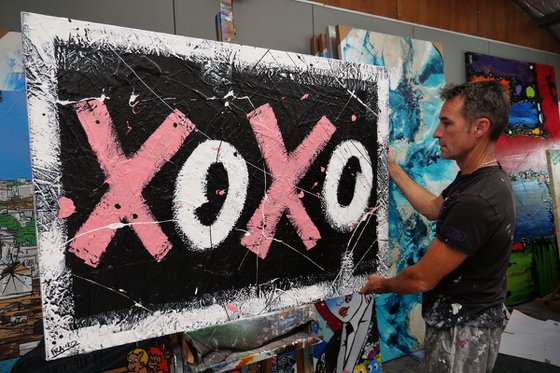 X's and O's 140cm x 100cm Black White Pink Textured Urban Pop Art
