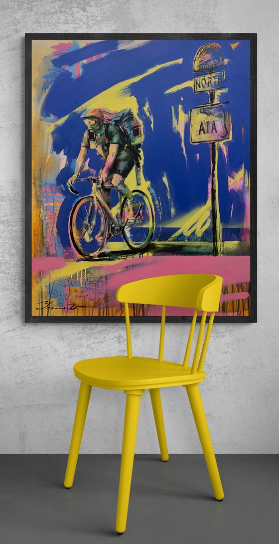 Bright big painting - "Young cyclist" - Urban Art - Pop Art - Bicycle - Street Art - City - Blue - Street scene