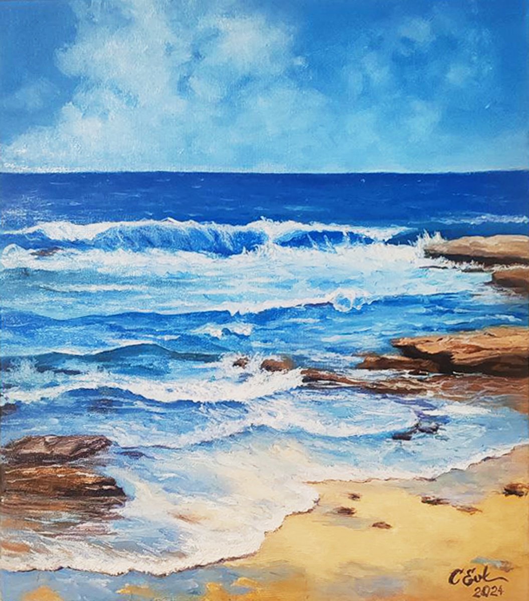 Impressionistic Landscape Oil Painting By Oksana Siciliana, 20 X 24", Sicilian Seascape Sonata, Original Artwork