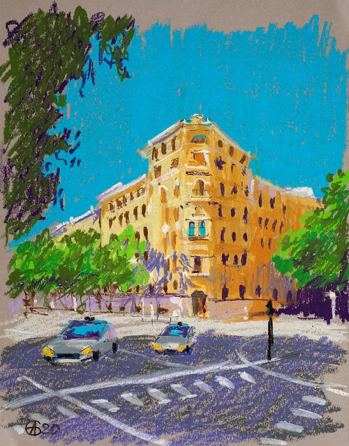 Street with yellow house 2. Sunny urban landscape in Madrid. Small oil pastel impressionistic interior painting by Sasha Romm