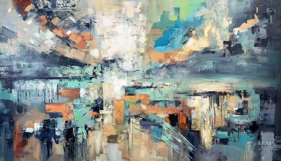 Shining Light - Extra Large Abstract Painting 71" x 40" , Oversize Canvas, Gray, Blue Gold Leaf Soft Colors White Gray Painting