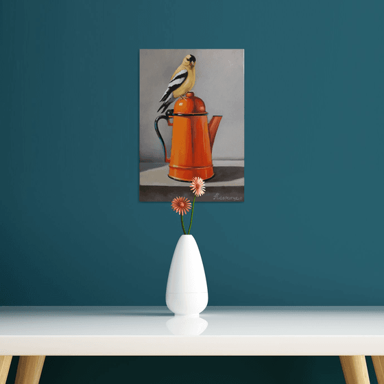 Still life with bird and kettle (24x35cm, oil painting, ready to hang)