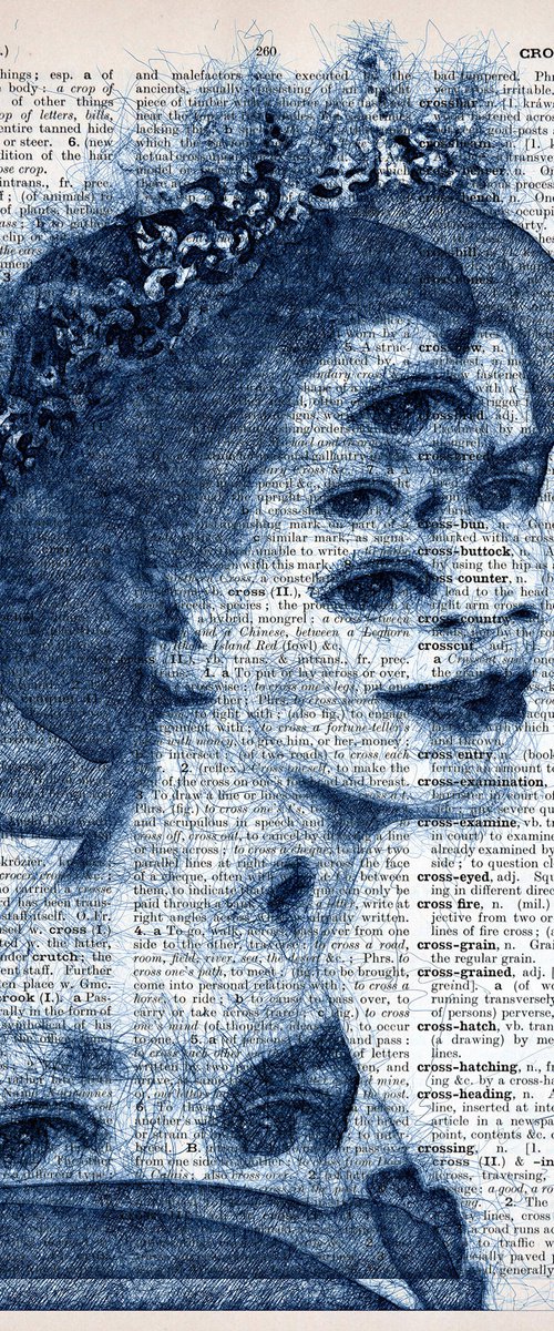 Queen Elizabeth II - The Eyes Of Queen - Collage Art on Large Real English Dictionary Vintage Book Page by Jakub DK - JAKUB D KRZEWNIAK