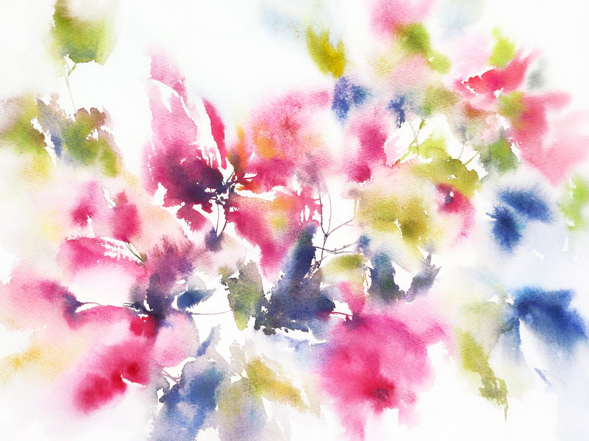 Pink abstract flowers, watercolor by Olya Grigo