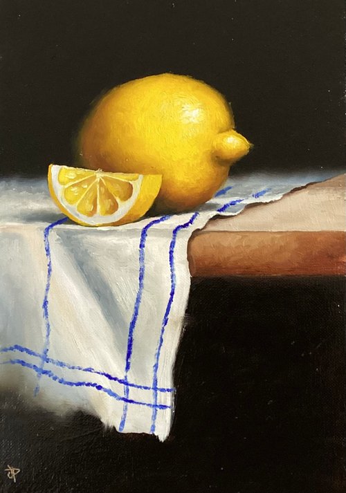 Lemon on cloth still life by Jane Palmer Art