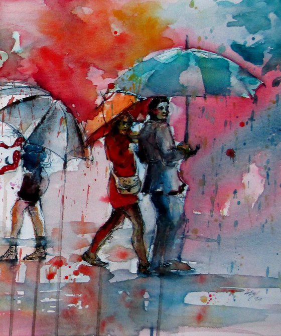 Walking people at rain