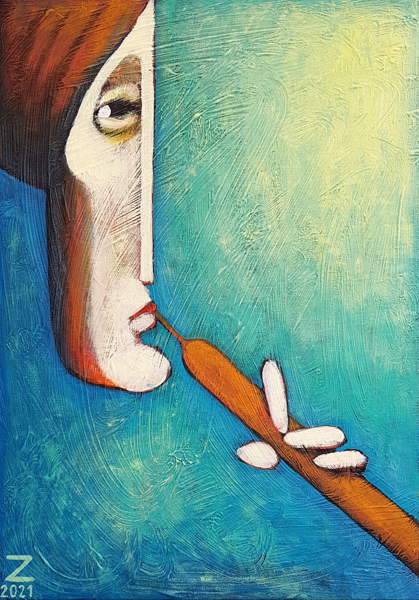 Portrait Acrylic Painting By Zhana Viel, 12 X 17", The Deep Serene, Original Artwork