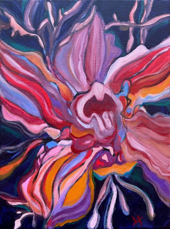 ORCHID 01- 40x30 cm oil painting, bright orchid, red, sensual