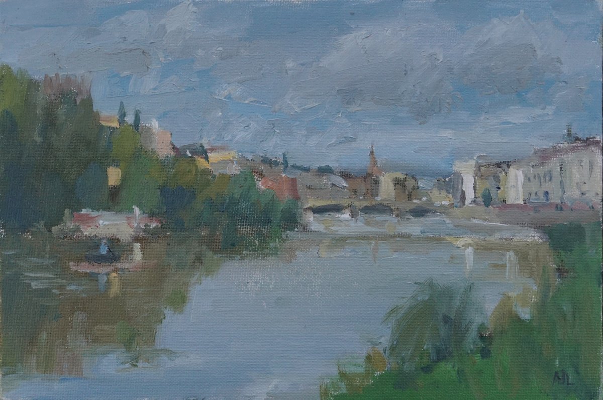Impressionistic Landscape Oil Painting By Alex James Long, 12 X 8, Saturday Morning On The Arno, Original Artwork
