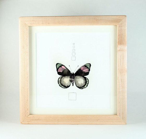 Butterfly / Framed ink painting with metallic pigment and silver leaf