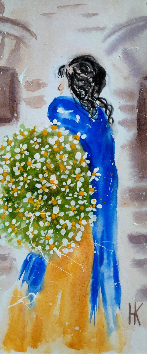 Daisy Painting Woman Original Art Girl Watercolor Artwork Home Wall Art 8 by 12" by Halyna Kirichenko by Halyna Kirichenko