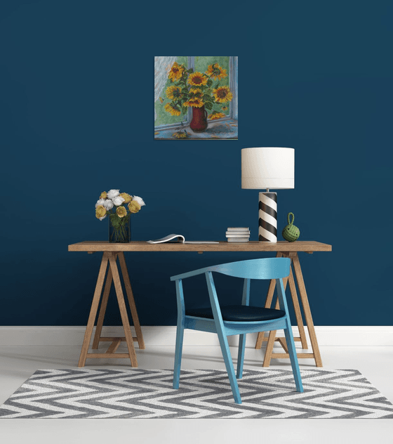 Sunflowers Floral Arrangement Impressionistic Gift Home Bedroom Decor Blue Traditional Women Window Modern Wall Art (19.7x19.7 in.)